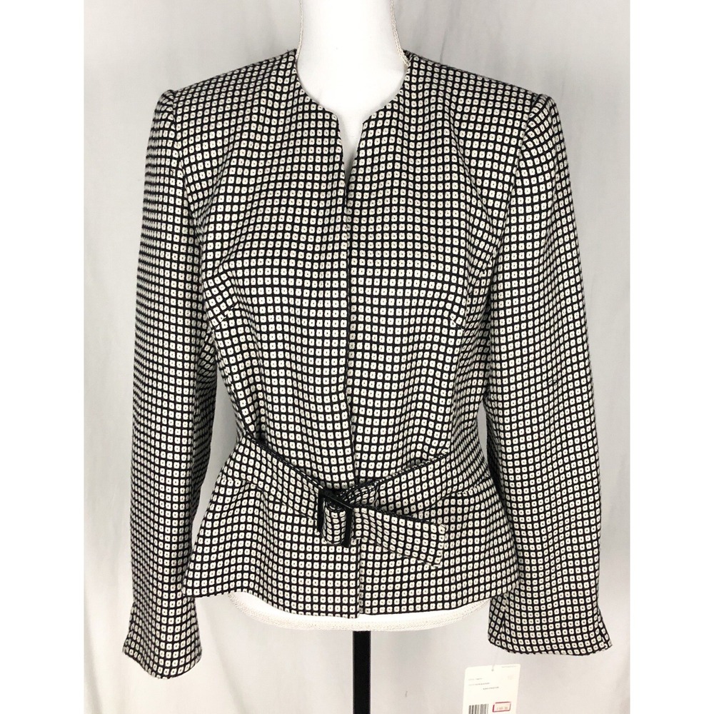 Liz Caliborne Suit Jacket Size 12 Women Black Ivory Snap Closure Geometric
